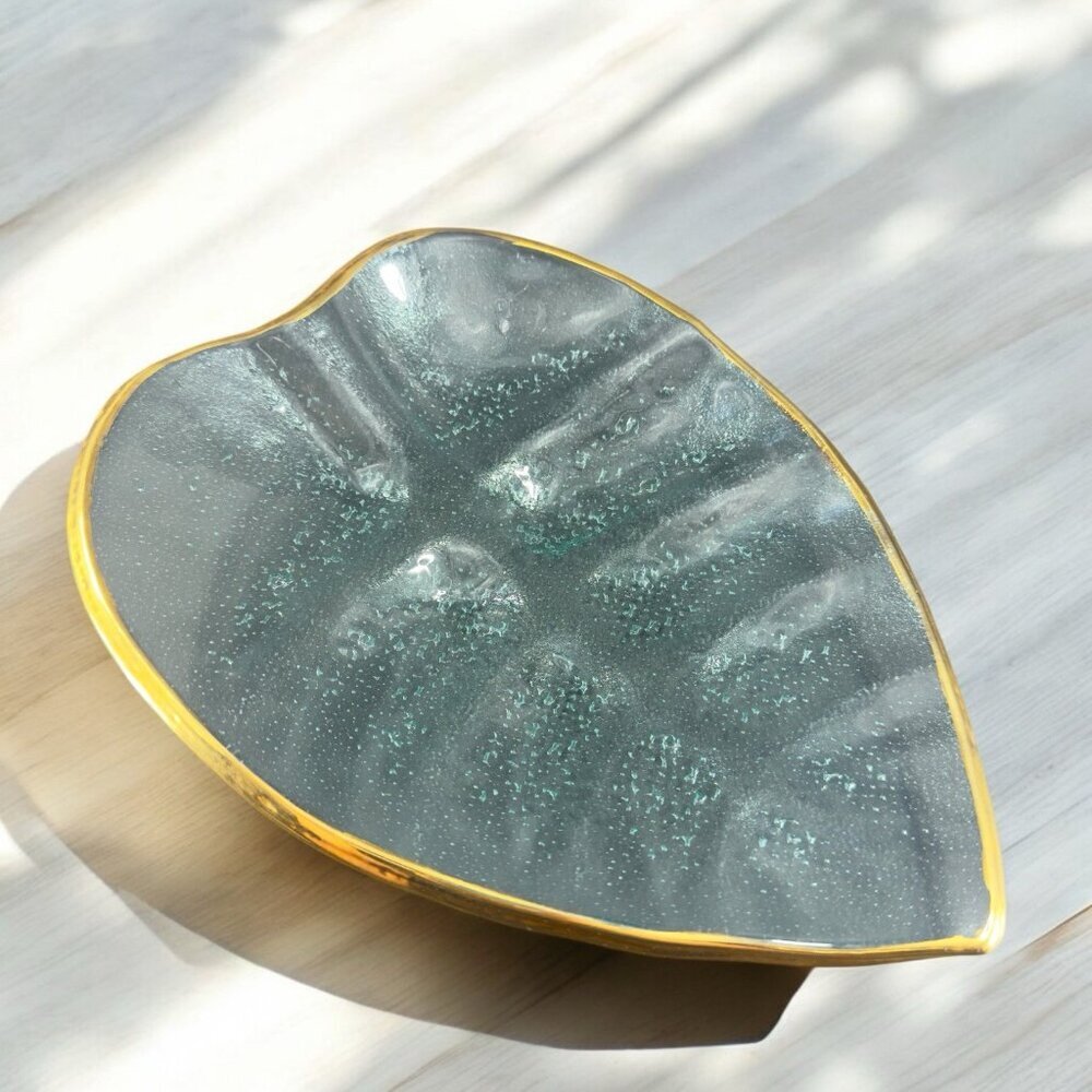 Vintage Clear Recycle Glass Dish Plate Platter Leaf Shaped With Gold Edges Glass